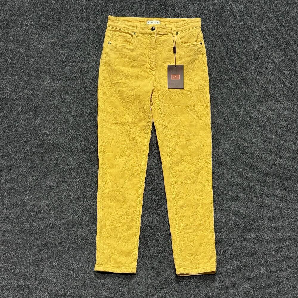 Etro Jeans Womens 28 Yellow Gold Floral High Rise Embossed Stretch Denim Italy